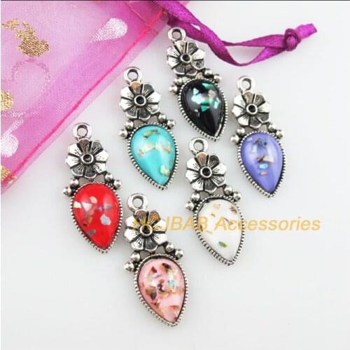 12 New Teardrop Flower Resin Pendants Shivering Mixed Charms Tibetan Silver 13.5x29.5mm