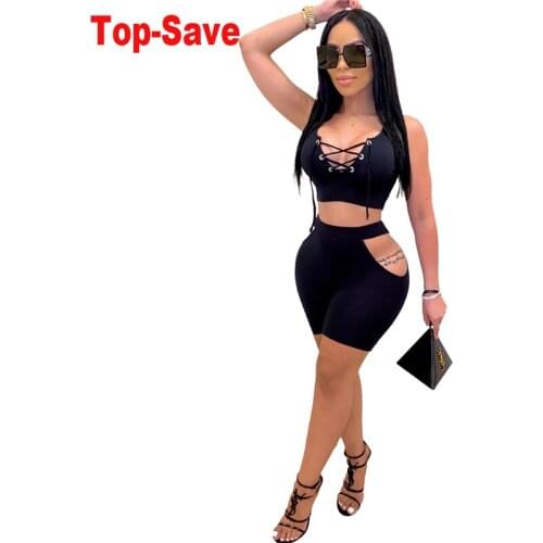 2021 New Arrival Summer Clothing Solid Two Piece Set Women Hollow Fashion Sexy Crop Top Shorts Sets Lace Up Birthday Outfits 2XL