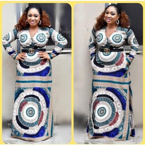 African Dresses For Women Dashiki Long Sleeve Femme Robe High Waist V Neck Spring Autumn Party Maxi Dress with Scarf