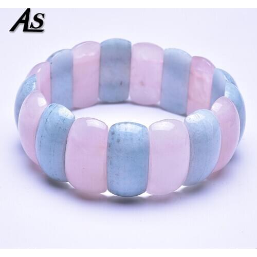 Asingeloo Multi Color Roze Quartz and Blue Aventurine Natural Stone Beads Handmade Elastic Bangles Bracelets for Women