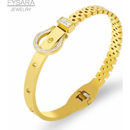 FYSARA Famous Design Belt Bracelet & Bangle For Women Luxury AAA Crystals Cuff Bangle Stainless Steel European Jewelry