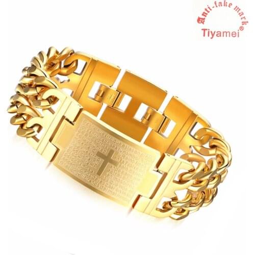 Super wide mens bracelet, Spanish Prayer cross titanium steel bracelet, gift box, chain in black and gold