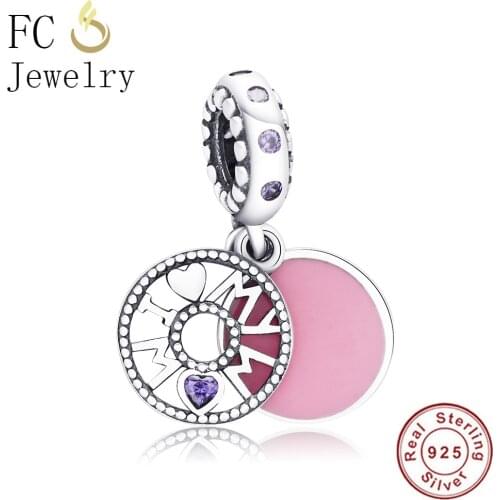 FC Jewelry Fit Original Brand Charm Bracelet 925 Sterling Silver Pink I Love My Mom Bead Pendant For Making Women Berloque 2021