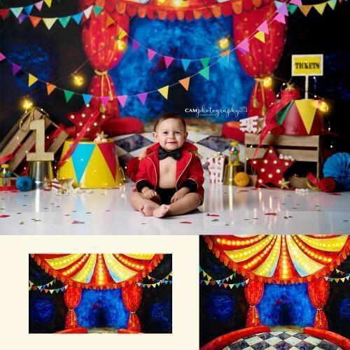 Circus Themed Portrait Photography Backdrop Vintage Carnival Circus Stage Background Kids Birthday Party Decor Banner