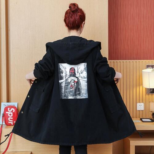 Autumn Winter Korean Women Black Loose Denim Jacket Fashion Hooded Plus size Jeans Jackets Coats Long Casual Outerwear Tops R676