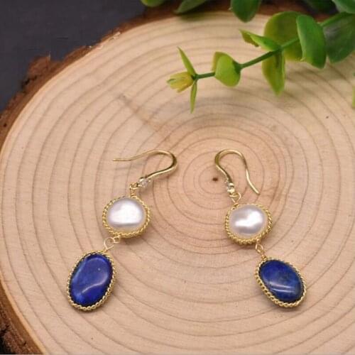 New Natural Lapis Lazuli Freshwater Pearl Temperament Drop Earrings For Women Girls Party Gift Original Design Luxury Jewellery