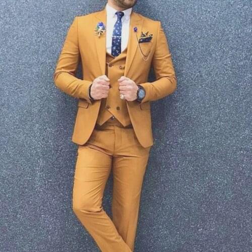 Autumn Tailor Made Male Clothing Handsome Fashion Oversize Slim Fit Yellow Groomsmen Tuxedos Wedding Beach Party Male Suits
