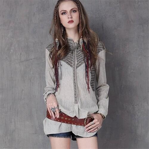 Autumn Women Cotton Blouse Long Shirt 2020 Vintage Long Sleeve Embroidery Mandarin Collar Blouses Blusas Femininas Q9103