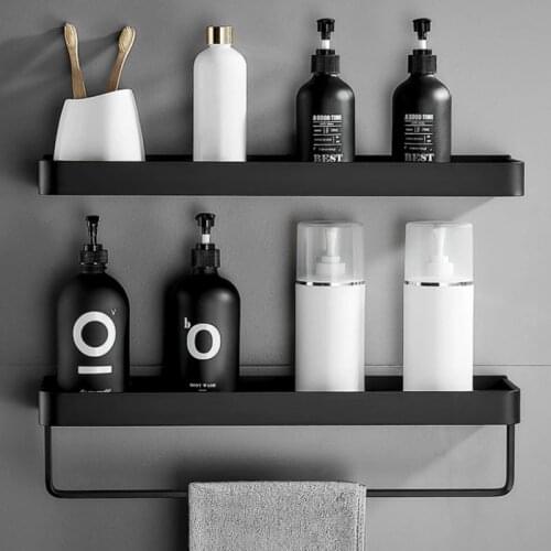 30-60cm Bathroom Shelf Shampoo Storage Rack Kitchen Wall Storage Black Basket Cosmetic Holder Organizer Bath Accessories