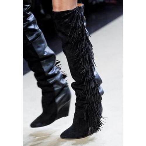 Sexy Ladies Fringe Suede Patchwork Knee High Boots Wedges Heels Female Catwalk Back Tassel Covered Knight Boots for Ladies