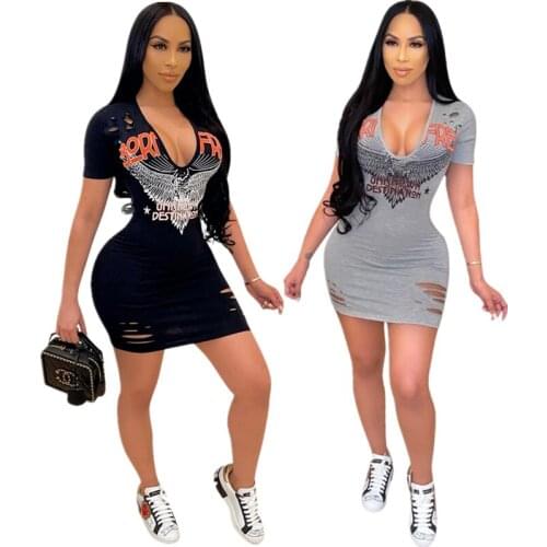 SUJYing Womens Summer New Casual Close-fitting T-shirt Skirt Print Hole Short Sleeve Dress