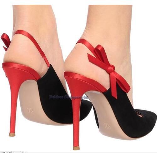 Fashion Pointed Toe Slingback Pumps With Feminine Ankle Red Bow Straps Wedding Party Dress Shoes Pointy Toed Thin High Heels