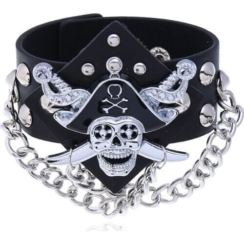 Heavy Metal Black Men Leather Bracelet Rock Statement Skull Bracelets Bangles Gothic Style Personality Charm Jewelry Gift