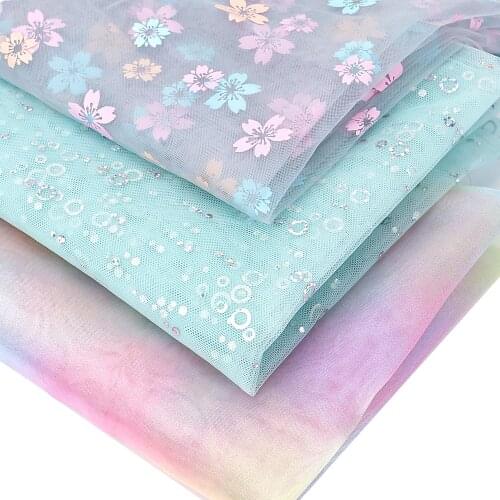 Tulle Mesh Fabrics Rainbow Color Sequin Floral Print Organza Fabrics for Girls Summer Dress Making Handmade Diy Clothing90*150cm
