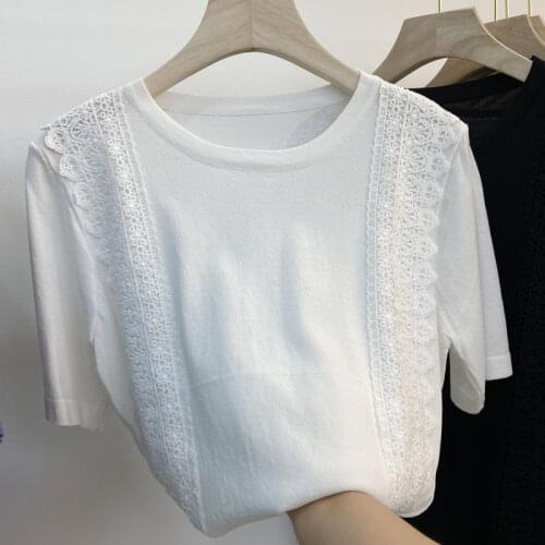 Lace Patchwork Women T-Shirts Summer New 2021 O-Neck Short-Sleeved Casual All Match Female Pulls Outwear Tops Tees