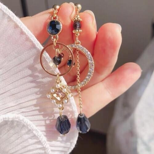 Asymmetric Rhinestone Cross Cute Moon Round Circle Earrings for Girls Women Korean Style Statement Jewelry Brinco