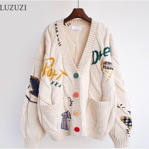 LUZUZI Autumn Winter Women Cardigan Warm Knitted Sweater Jacket V-Neck Pocket Embroidery Cardigans Coat Lady Oversized Sweaters