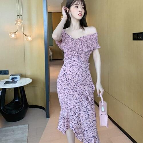 New arrival fashion summer women elegant sexy off-shoulder chiffon backless ruffle print elasticity holiday party bodycon dress