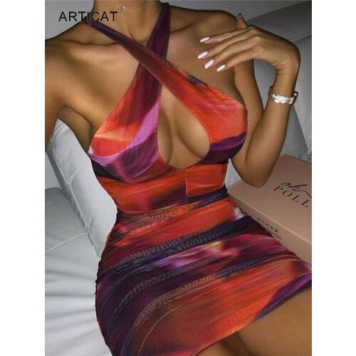 Articat 2021 New Tie-Dye Bodycon Dress For Women Party Night Vestidos Cross Lace Up Backless Mini Dress Ladies Elegant Clubwear