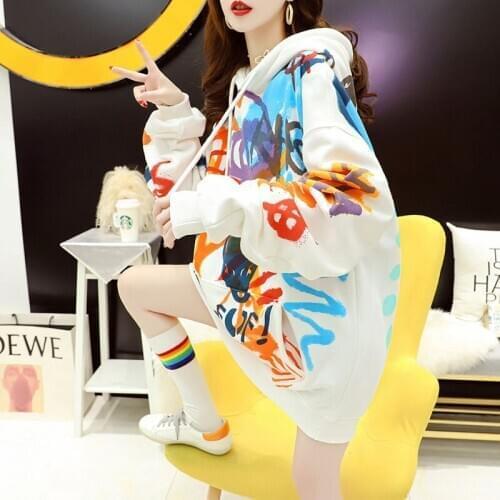 Winter Plus Velvet Hooded Sweatershirts Women Korean Trendy Style Loose Large Size Mid-Length Casual Warm Graffiti Pullover Top