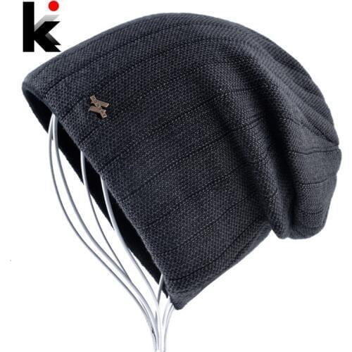 Winter Knitted Beanie Hat For Man Double Layer Warm Kniting Striped Bonnet Caps Male Thick Add Velvet Skullies Beanies Men Gorro