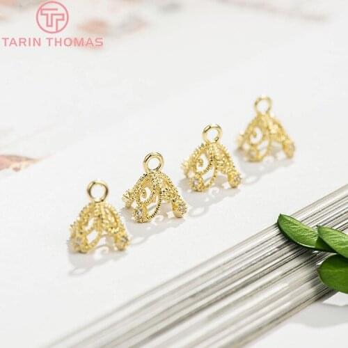 6PCS 5x10MM 24K Gold Color Plated Brass with Zircon Flower Beads Caps Tassel Caps Diy Jewelry Findings Earrings Accessories