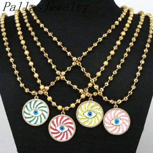 5Pcs High Quality Gold Bead Chain Lovely Turkey Eye Round Charms Enamel Zircon Pendant Necklaces Fashion Jewelry Style