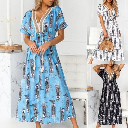 80% Dropshipping!!Fashion Dress Printed Lace Rope Women V Neck Large Hem Dress for Dating