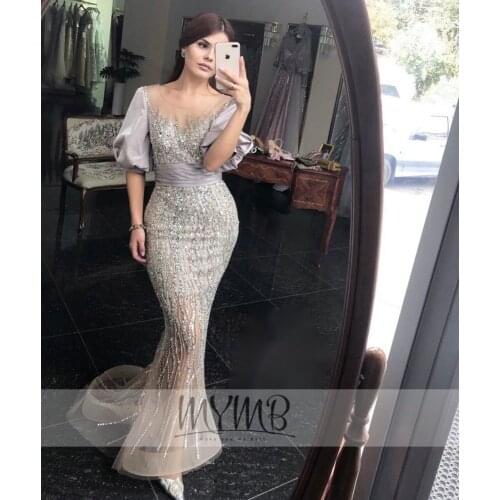 Stylish Dubai Grey Satin Evening Prom Dress Half Puffy Sleeve Illusion Hand Beaded Teenage Mermaid Formal Party Gown Big Sizes