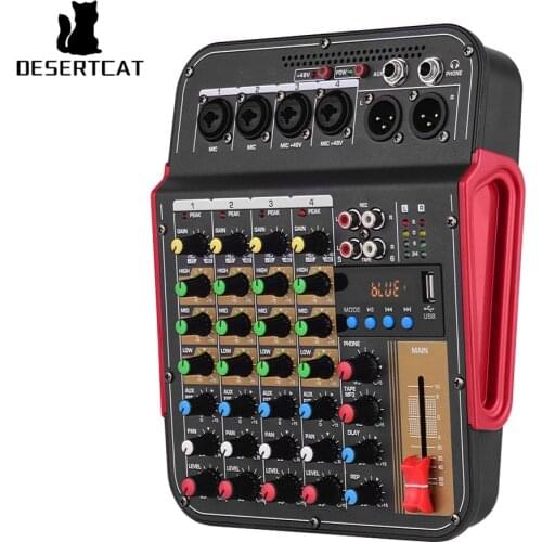 DESERTCAT Wireless 4-Channel Mixer Audio Professional Portable Sound Mixing Console USB Interface Built-in 48V Phantom Power