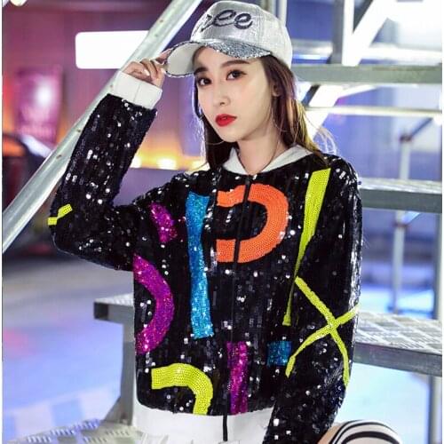 Baseball Sequined Jackets Womens 2021 Spring Fashion Brand Loose Short Coat Korean Style Hip-Hop Dance Jacket Black Windbreaker