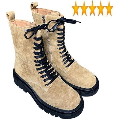 Platform Autumn Women Lace Up Height Increased Ankle Street Retro Work Safety Yellow Boots Real Pigskin High Heel Shoes