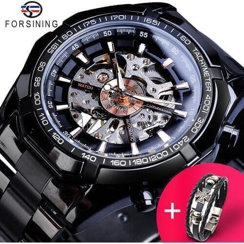 Forsining Watch +Bracelet Set Combination Racing Sport Clock Luminous Hands Men Mechanical Watches Black Steel Relogio Masculino