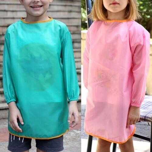 Kids Solid Color Waterproof Long Sleeve Painting Apron Feeding Smock Bib Coat