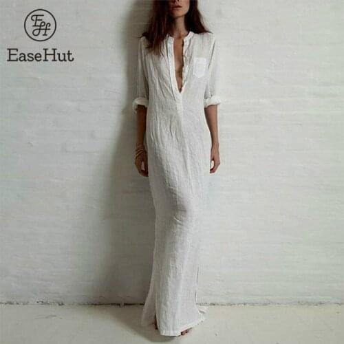 EaseHut Women Vintage Maxi Dress Long Sleeve Stand Collar Split Solid Shirt Dress Plus Size 4XL 5XL Robe Female Vestidos mujer