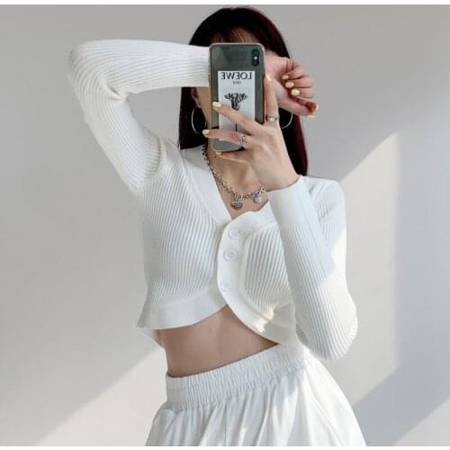Europe Sexy V-neck Knitted Tops Womens High Waist Careful Machine Navel Exposed Sweater Short Full Sleeve Top ARQ1