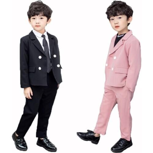 Spring Autumn Boys Double Breasted Suit Set Candy Color Children Party Birthday Host Costume Kids Blazezr + Pants Clothing Set