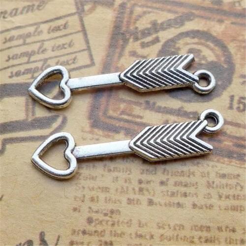 BULK 30pcs Zinc Alloy Metal Arrow with Heart Charms Antique Silver Plated Love Pendants DIY Jewelry Making 30*7.2mm 0.9g