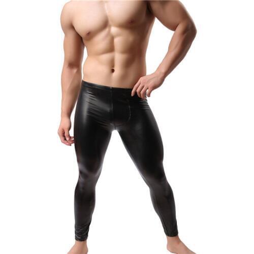 Mens Long Pants Faux Leather Long Johns Seamless Trousers Muscle Fitness Sports Leggings Party Dance Show Clubwear Latex Pants