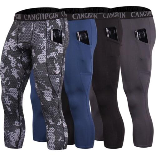 Mens 3/4 Compression Pants with Pockets Running Base Layer Legging Tights