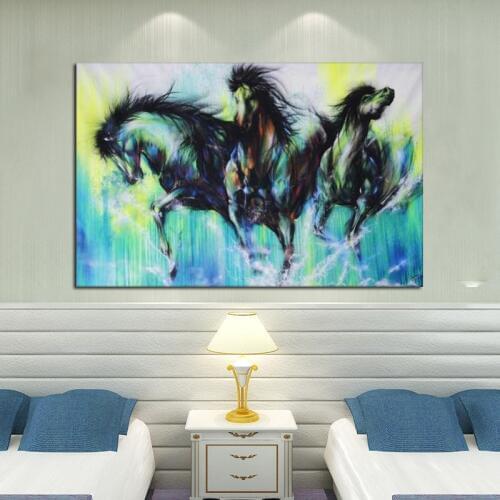 Wall Art Stretched On Wooden Abstract Three Blue Horses Running Pure Handmade Animal Equine Canvas Oil painting Art Home Decor