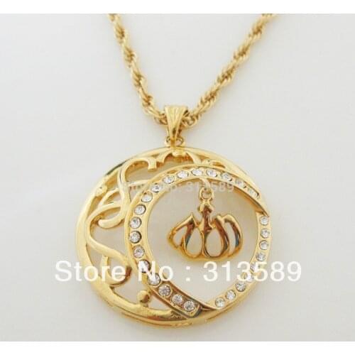 YELLOW GOLD GP OVERLAY 24" ROPE NECKLACE&MUSLIM ALLAH GOD PENDANT CZ STONE/Great Money Maker
