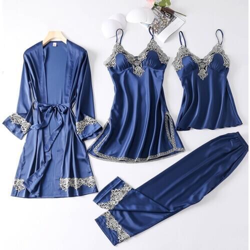 Pjamas Suit Female Lace Trim 4PCS Sleepwear Satin Pyjamas Loose Sexy Home Clothes V-Nekc Spring New Kimono Robe Gown Sleep Set