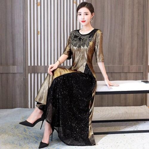 Dress Gold Velvet Dress Spring Autumn Womens Clothing Elegant Fashion Slim Half Sleeve Patchwork Sequin Party Vestidos