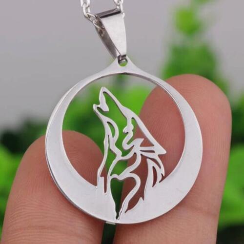 Hollow Wolf Head Phrase Moon Pendant Necklace For Men Or Women, , Gold