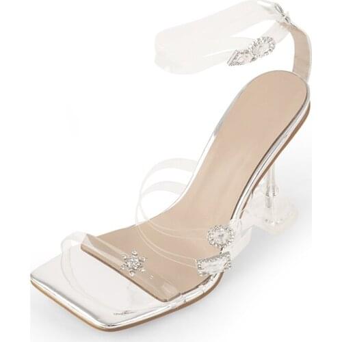 Richealnana Women Open Toe Bright Border High Heel Square Stilettos Transparent Strap Geometric Rhinestone Sandal Crocodile Prin