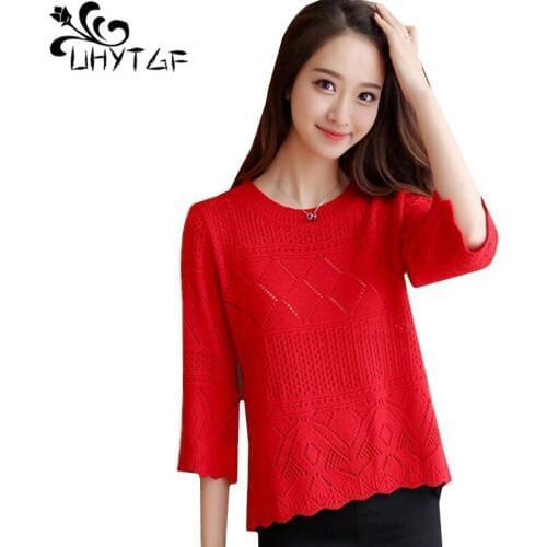 UHYTGF Womens Spring autumn sweaters Fashion hollow Knit pullover thin sweater coat elegant Female Loose plus size tops coats 58