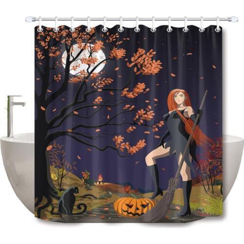 72'' Bathroom Waterproof Fabric Shower Curtain 12 Hooks Bath Accessory Sets Halloween Red-haired Witch Pumpkin And Black Cat