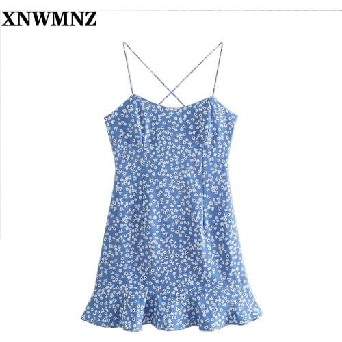 XNWMNZ Za women 2021Fashion Blue Print Strap mini Dress woman v-neck Sleeveless Backless ruffled hem side Zipper Female Sundress