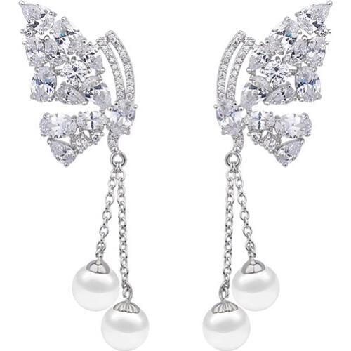 YAN MEI High quality Butterfly pearl tassel zircon earring white gold Color luxury stud earrings GLE5917Y